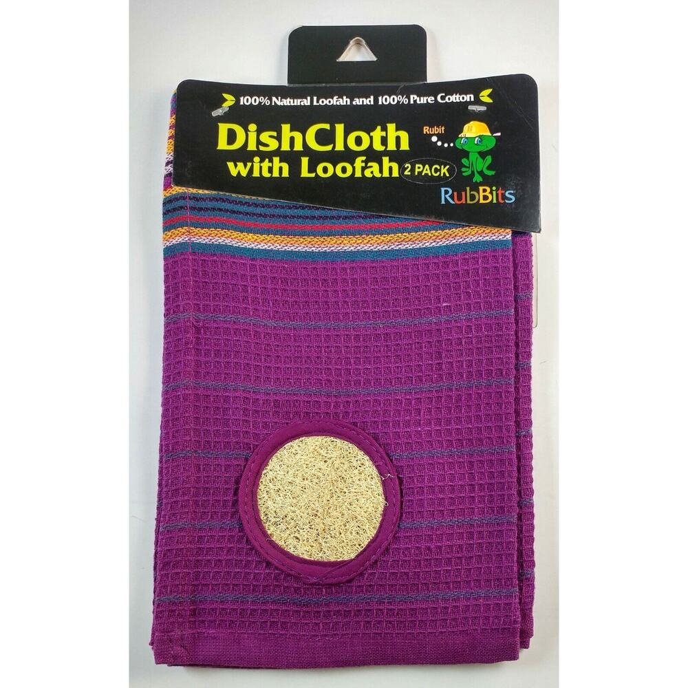 Kitchen Dishcloth Purple 100% Natural Cotton With Built In Loofah Scrubber